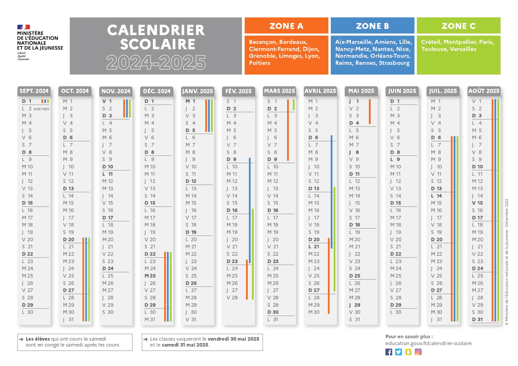 calendrier scolaire 2024 2025